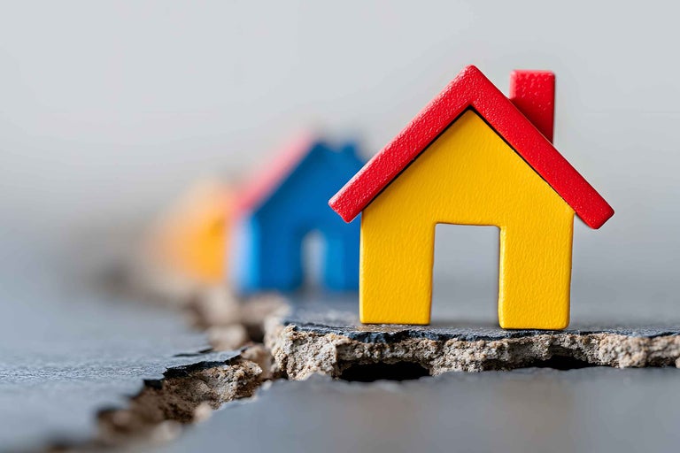 Fotografie simbolică a caselor pe un substrat cu fisuri