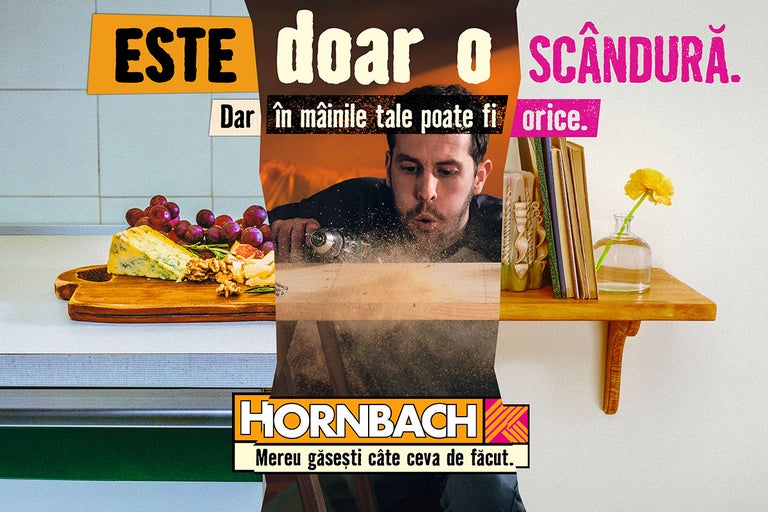 Colaj care prezintă utilizarea unei scânduri ca fund de tăiat, în proiecte de bricolaj și ca raft de perete. Hornbach Logo.