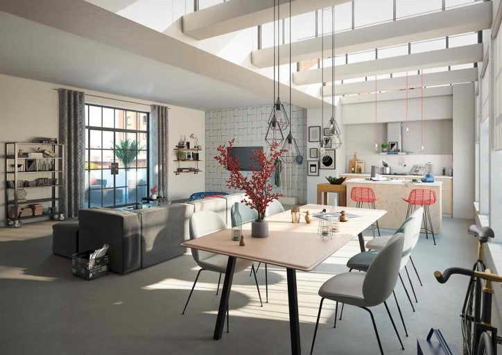Living luminos cu masă de sufragerie, scaune, canapea și bucătărie deschisă într-un design modern