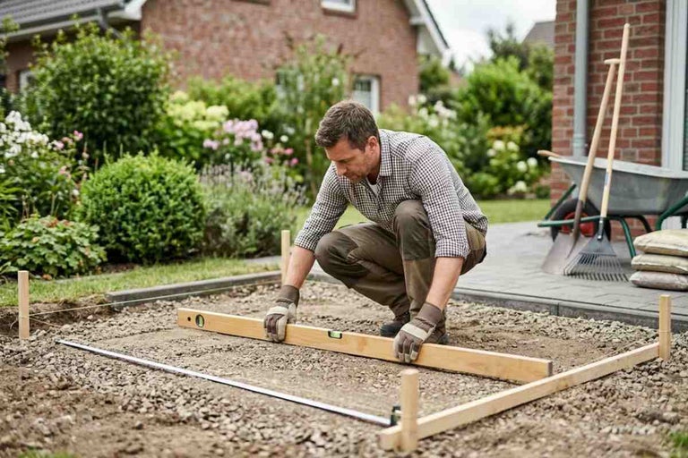 Bărbat care folosește o nivelă cu bulă de aer pentru a nivela pietrișul într-un cadru de lemn în timpul lucrărilor în grădină.