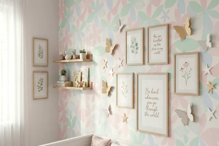 Cameră decorativă pentru copii cu rafturi de perete, imagini înrămate și decorațiuni cu fluturi pe un perete cu model