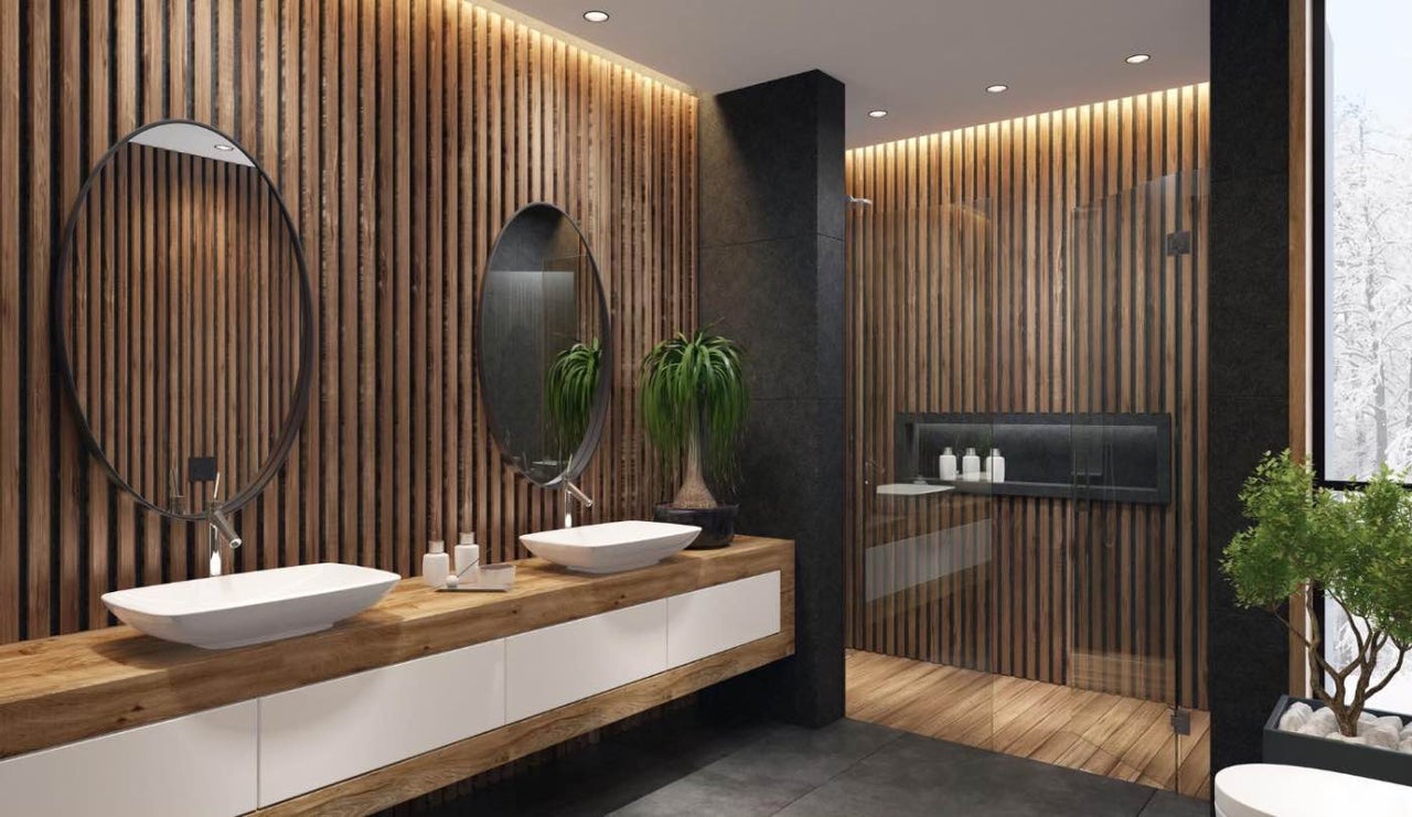 Baie cu chiuvete, oglinzi și duș cu perete din lemn
