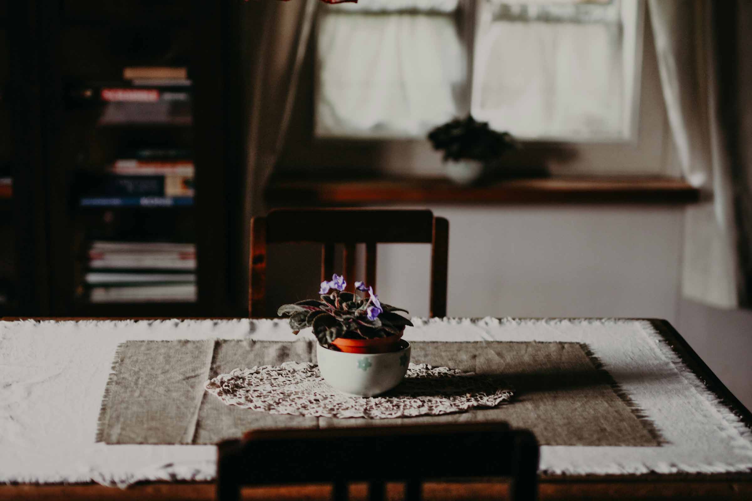 Interior decorativ cu o violetă africană înflorită pe o masă de sufragerie