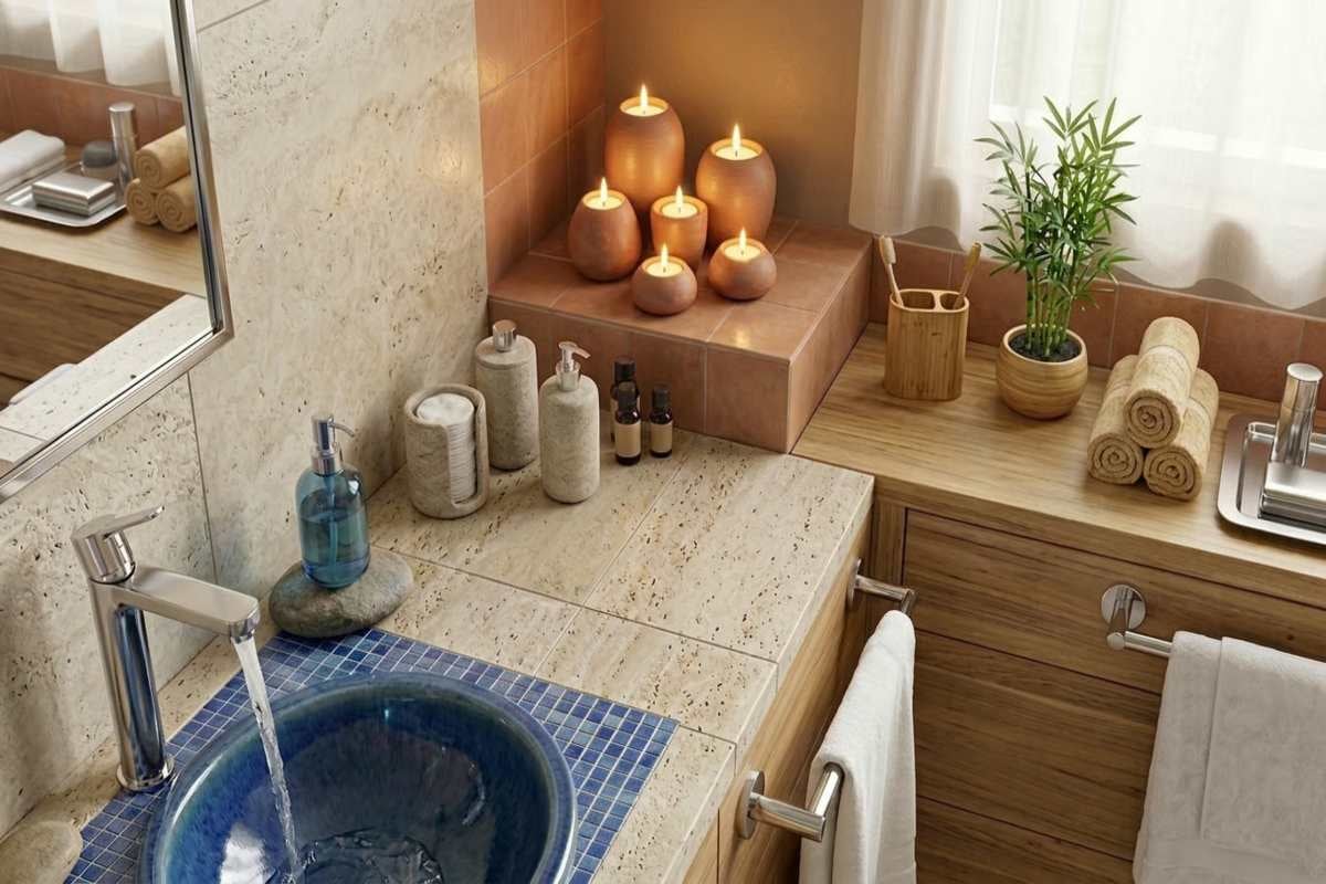 Baie luminoasă și organizată cu chiuvetă albastră pe blat, baterie cromată, plăci de travertin, mobilier din lemn, lumânări și bambus.