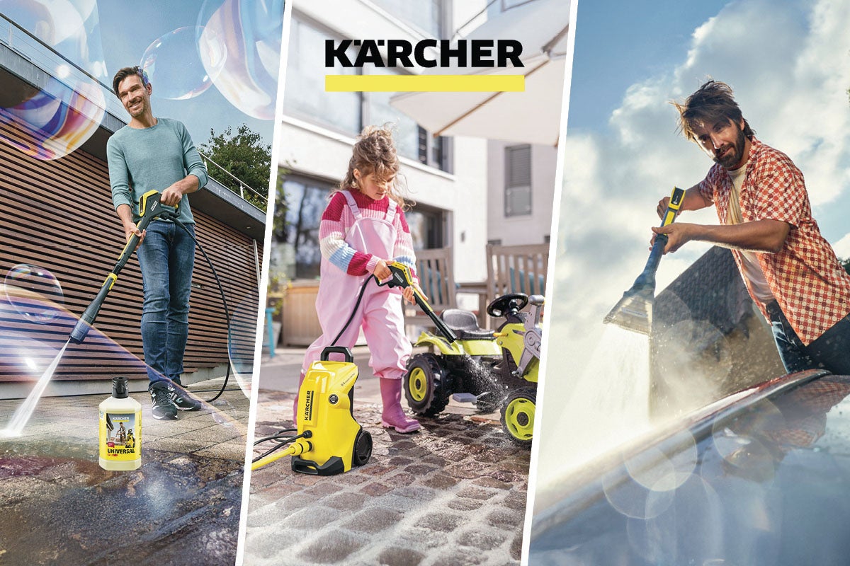 Kärcher Logo. Colaj: bărbat curățând terasa, copil spălând tractor de jucărie cu un curățitor cu presiune, bărbat curățând mașina.