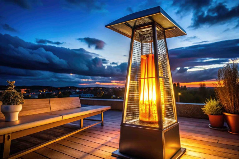Încălzitor de terasă pe gaz din metal și sticlă în formă de piramidă cu flacără vizibilă pe o terasă din lemn organizată la amurg.