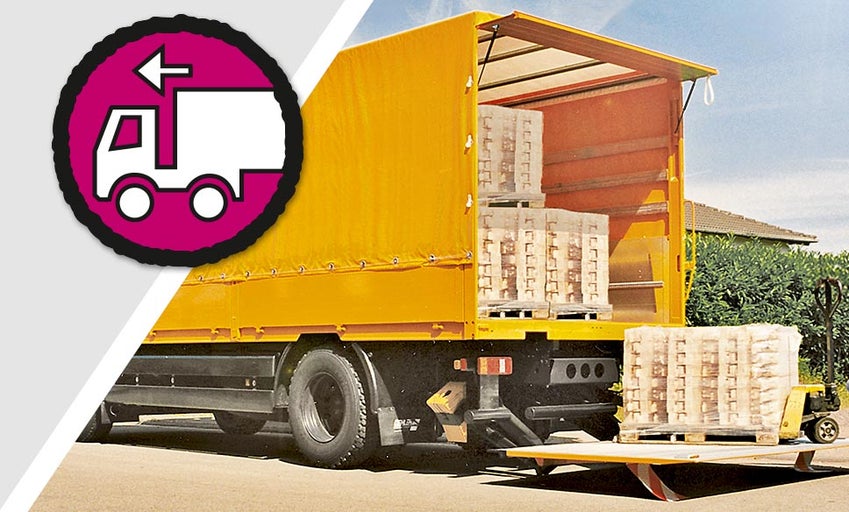 Camion cu mărfuri pe paleți, simbol de descărcare