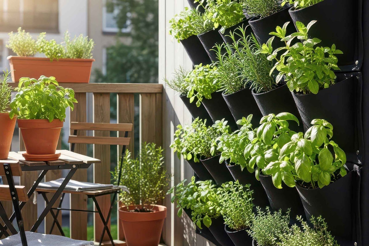 Balcon luminos cu sistem vertical de plantare pentru ierburi aromatice și ghivece de teracotă pe o masă și balustradă din lemn.