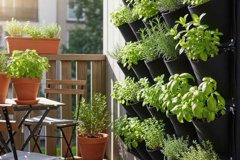 Balcon luminos cu sistem vertical de plantare pentru ierburi aromatice și ghivece de teracotă pe o masă și balustradă din lemn.