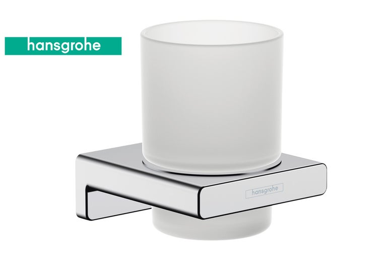 Logo Hansgrohe. Pahar pentru periuțe de dinți cu suport pentru montare pe perete.