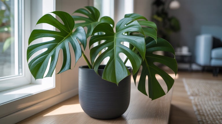 Monstera plantă de interior în ghiveci pe pervazul ferestrei