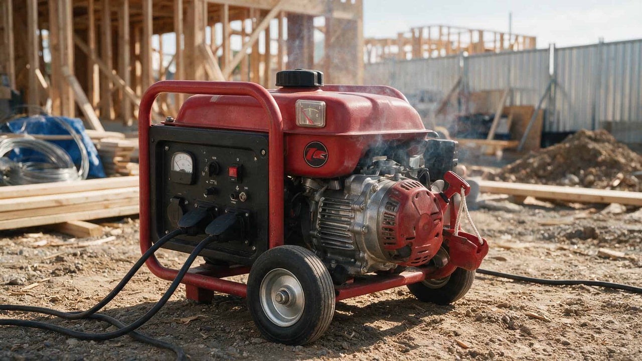 Un generator de curent mobil în funcțiune este amplasat pe un șantier cu o structură din lemn în fundal.