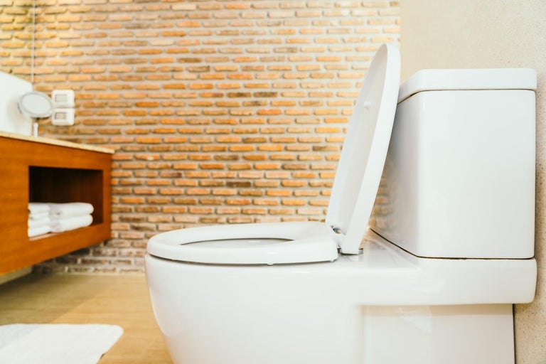 Toaletă albă din ceramică cu capac deschis într-o baie cu perete din cărămidă și mască de chiuvetă din lemn.