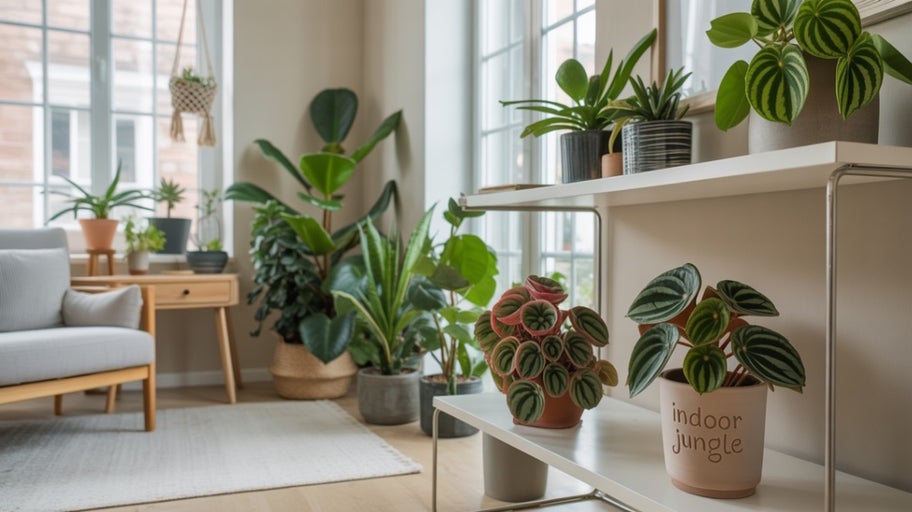 Cameră de zi luminoasă cu plante de interior pe rafturi și pervaz