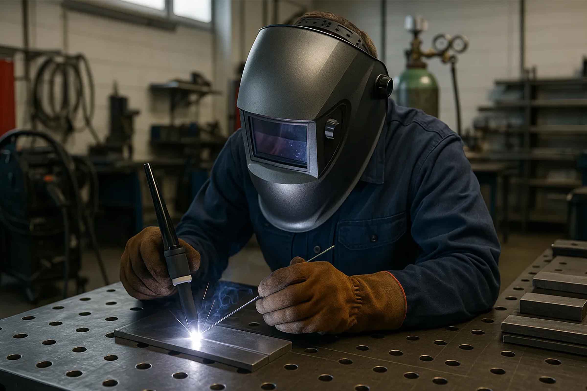 Sudor cu cască de sudură și mănuși lucrând la o bucată de metal