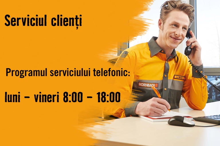 Imagine cu informații despre serviciul clienți Hornbach și programul serviciului telefonic.