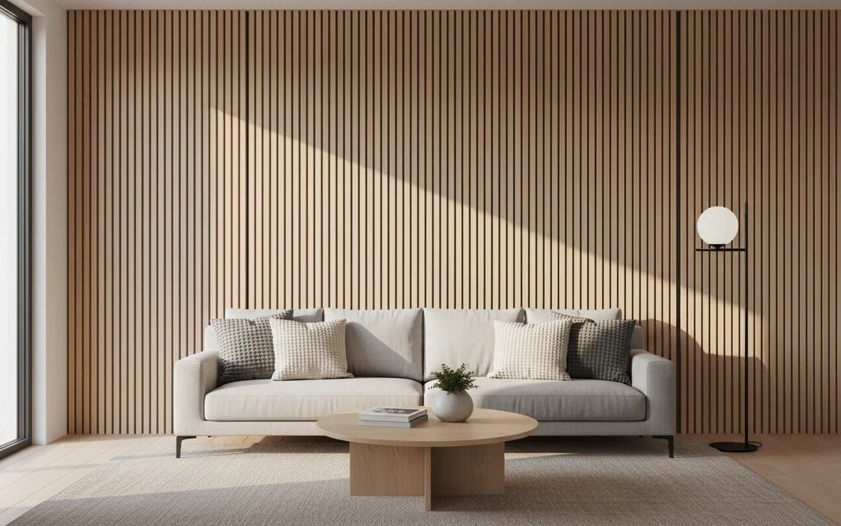 Cameră de zi cu perete cu panouri din lemn, canapea, măsuță de cafea și lampadar.