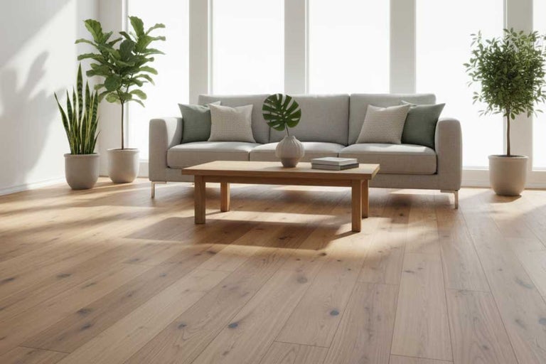 Cameră de zi cu podea din lemn, canapea și plante pentru o ambianță luminoasă