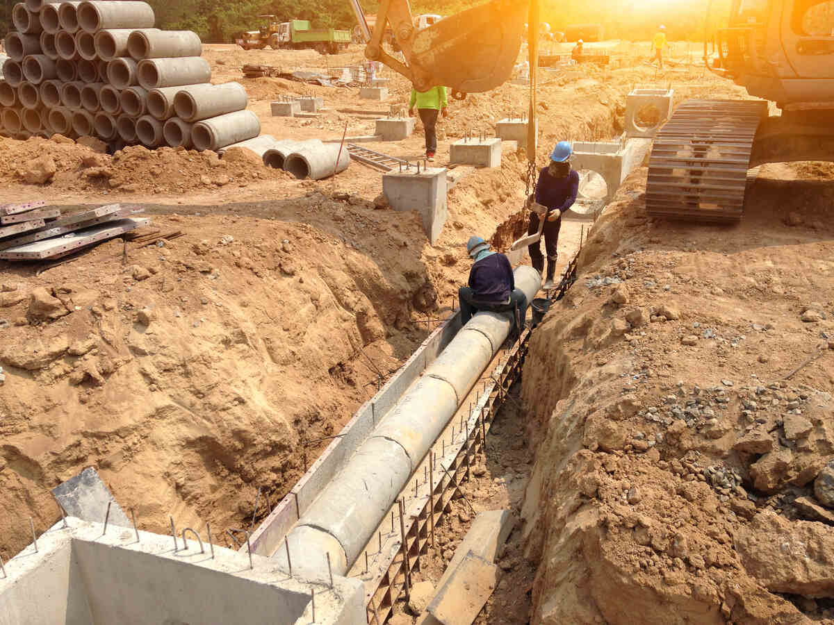 Muncitori în construcții care așează țevi de beton într-o groapă de construcție.