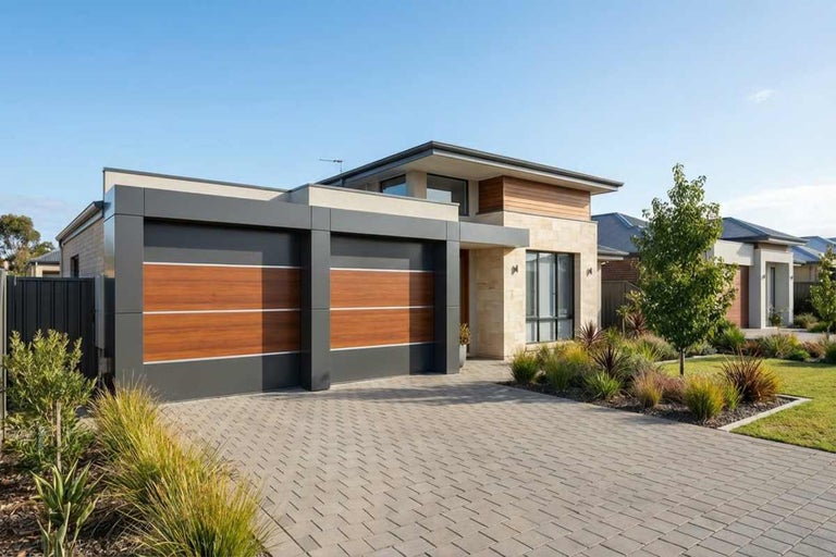 Casă modernă cu garaj dublu și alee pavată