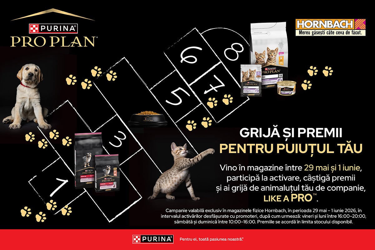 Hrană Purina Pro Plan pentru căței și pisoi, cu un cățeluș, un pui de pisică și un joc de șotron. Logo Hornbach.