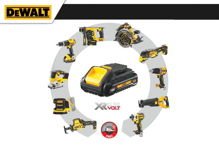 Prezentare generală a diferitelor scule electrice de la DeWalt cu sigla DeWalt.