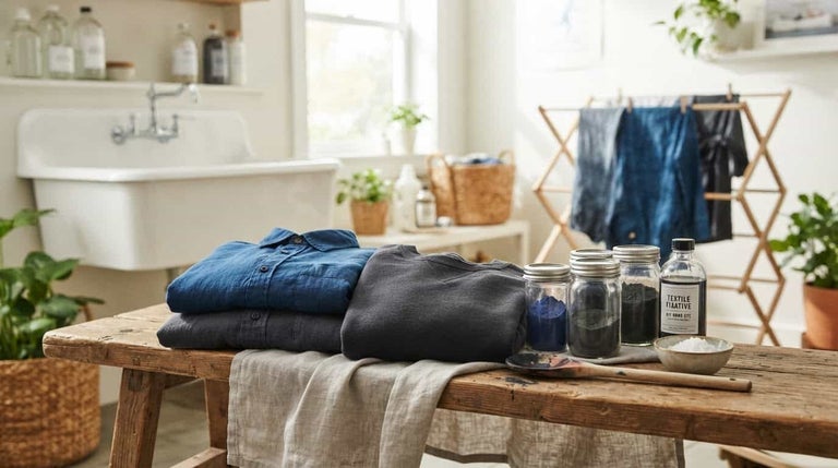 O masă rustică din lemn cu vopsea pentru textile și haine vopsite într-o spălătorie luminoasă, cu o chiuvetă mare în fundal.