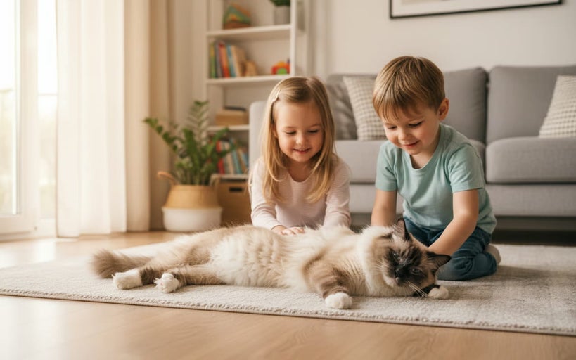 Doi copii mângâie o pisică pe un covor într-o sufragerie luminoasă.