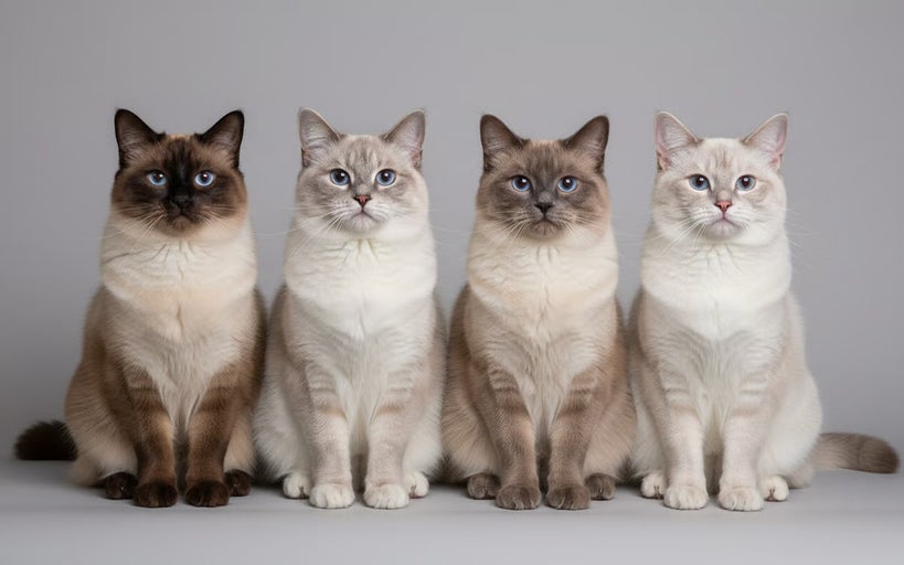 Patru pisici siameze stau așezate una lângă alta