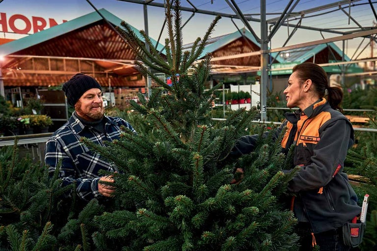 Un client și un angajat Hornbach examinează un brad Nordmann în magazinul Hornbach.