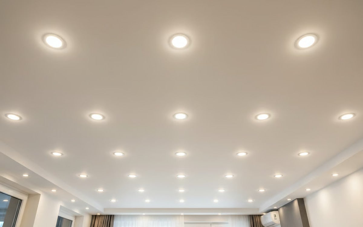 Tavan alb cu numeroase spoturi LED încastrate rotunde pentru o iluminare luminoasă și uniformă a încăperii.