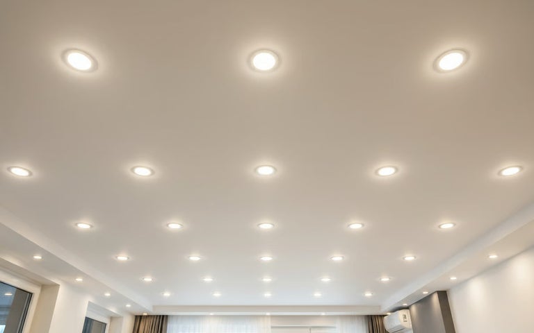 Tavan alb cu numeroase spoturi LED încastrate rotunde pentru o iluminare luminoasă și uniformă a încăperii.