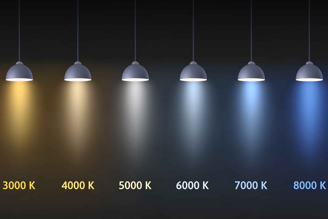 Compararea temperaturilor de culoare de la 3000 Kelvin la 8000 Kelvin, reprezentată prin șase lămpi de la lumină caldă la lumină rece.