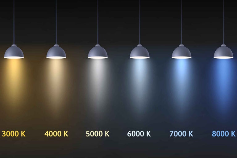 Compararea temperaturilor de culoare de la 3000 Kelvin la 8000 Kelvin, reprezentată prin șase lămpi de la lumină caldă la lumină rece.