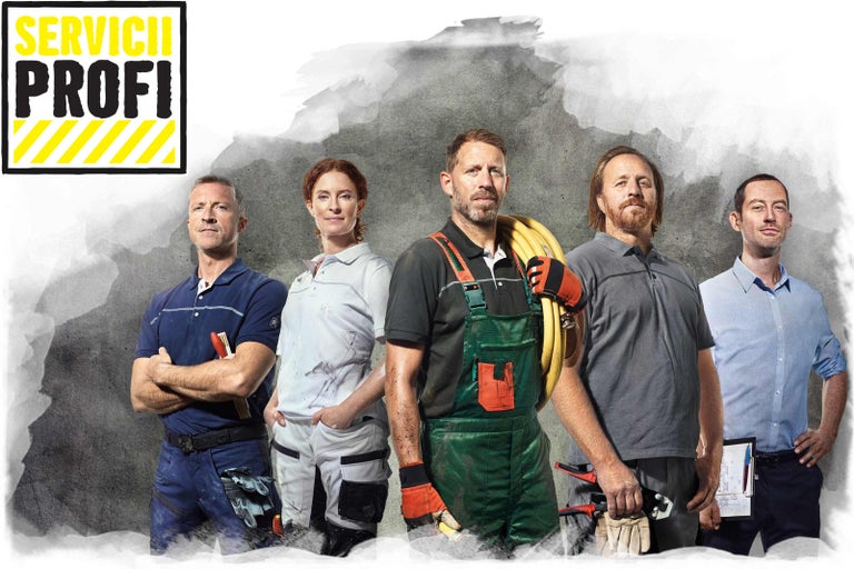 Cinci meseriași cu unelte și îmbrăcăminte de lucru pe fundal gri, logo-ul Hornbach Profi Services