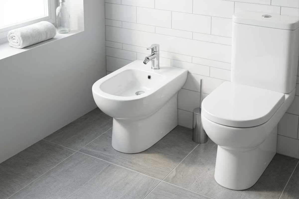 Baie modernă cu bidet și vas de toaletă pe pardoseală din ceramică albă, faianță albă și gresie gri.