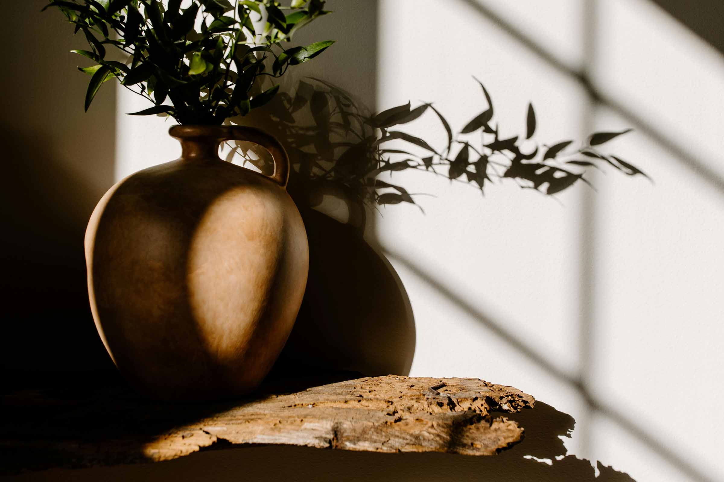 Vază ceramică decorativă cu plante pe o masă de lemn