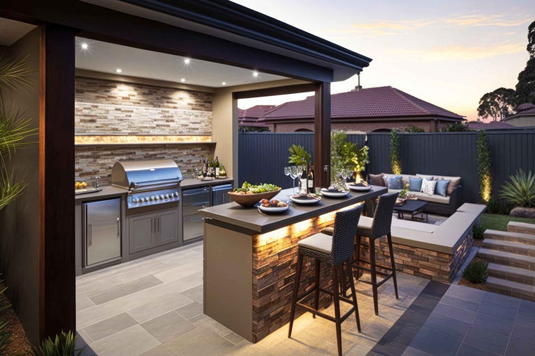 Bucătărie exterioară cu grătar, chiuvetă, bar și scaune de bar într-o grădină.