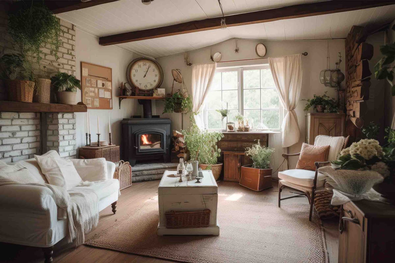 Sufragerie rustică cu sobă pe lemne, canapea albă, fotoliu din ratan, covor de iută și numeroase plante de interior.