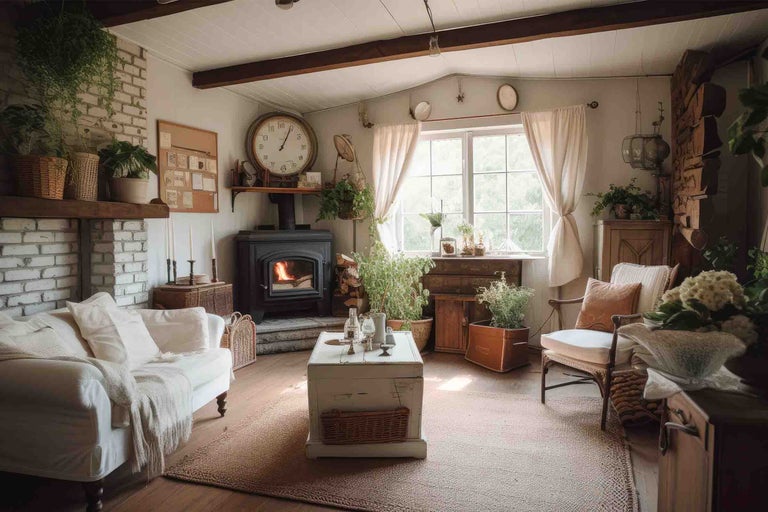 Sufragerie rustică cu sobă pe lemne, canapea albă, fotoliu din ratan, covor de iută și numeroase plante de interior.