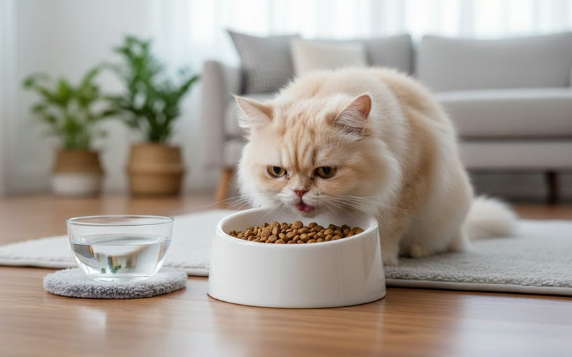 Pisică mănâncă hrană uscată lângă un pahar cu apă
