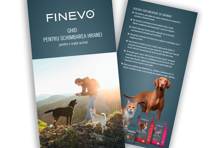 O broșură Finevo despre schimbarea hranei pentru câini și pisici, cu un bărbat care își hrănește câinii la munte