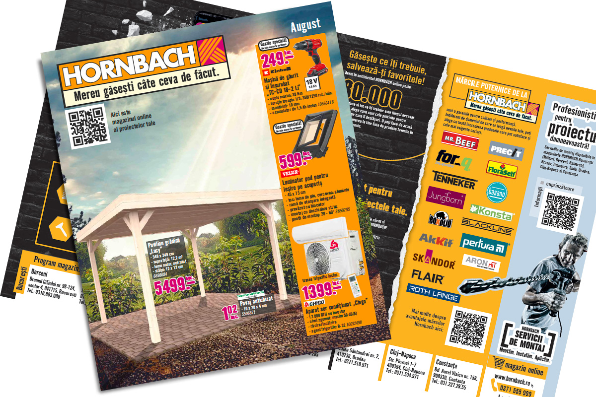 Broșură publicitară Hornbach cu oferte pentru pavilioane de grădină, scule și aparate de aer condiționat.