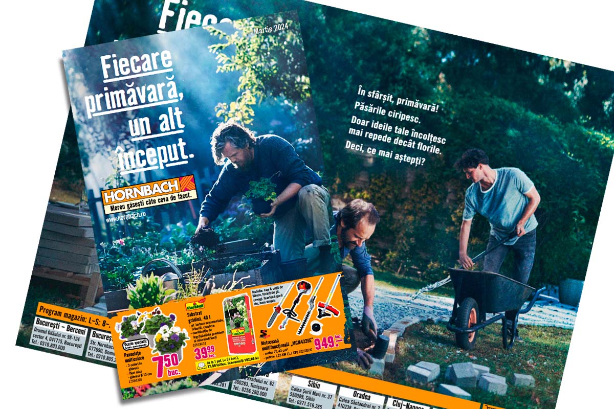 Reclamă Hornbach cu grădinari afară, lucrând în grădină primăvara