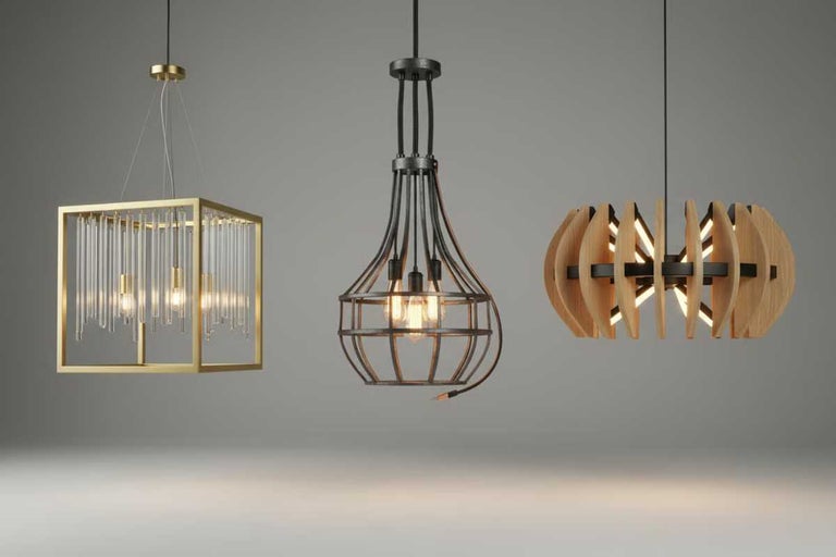 Trei corpuri de iluminat suspendate diferite: unul pătrat cu tije de sticlă, unul tip colivie și unul din lamele de lemn.