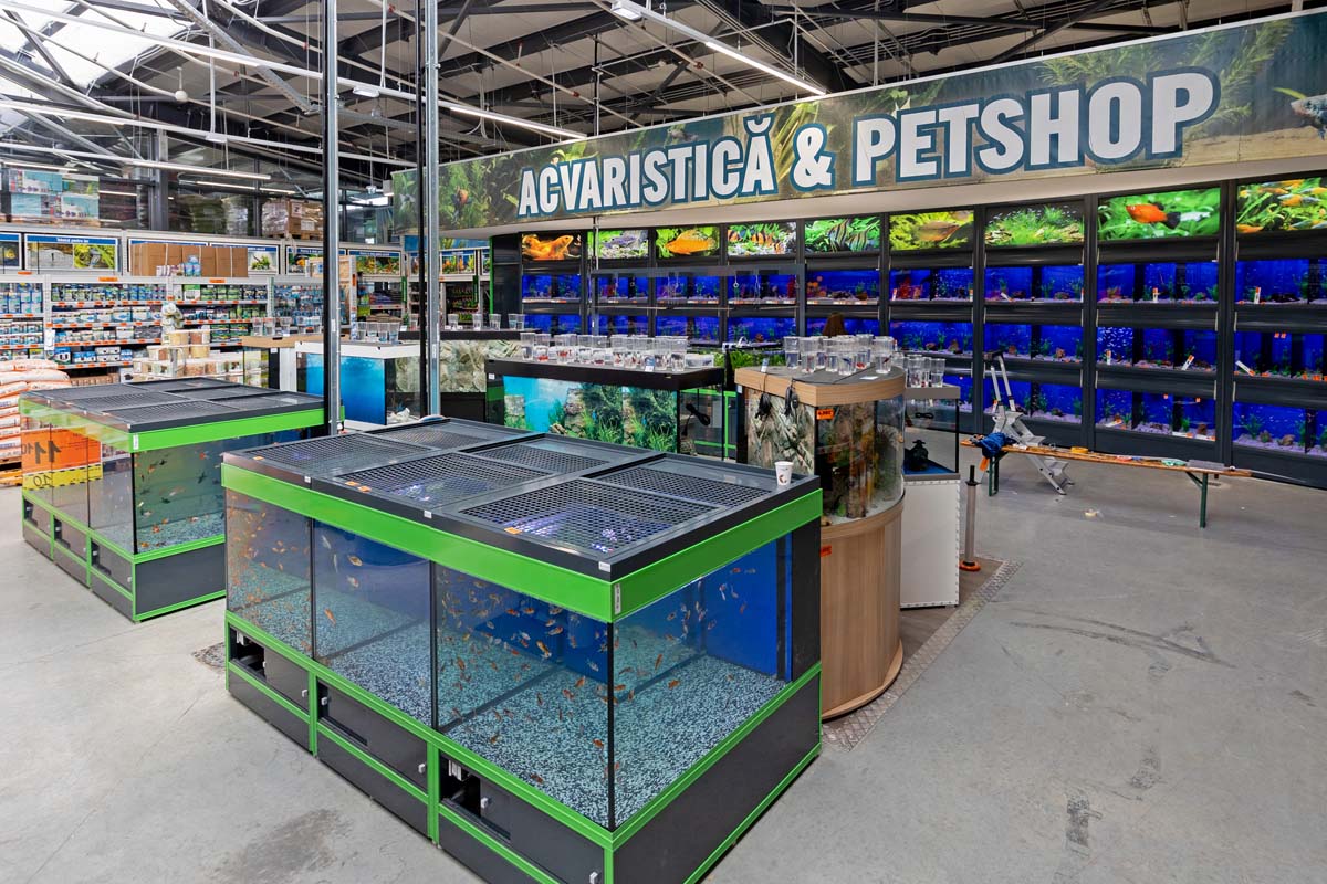 Secțiunea de acvaristică și pet shop cu diverse acvarii într-un magazin Hornbach.