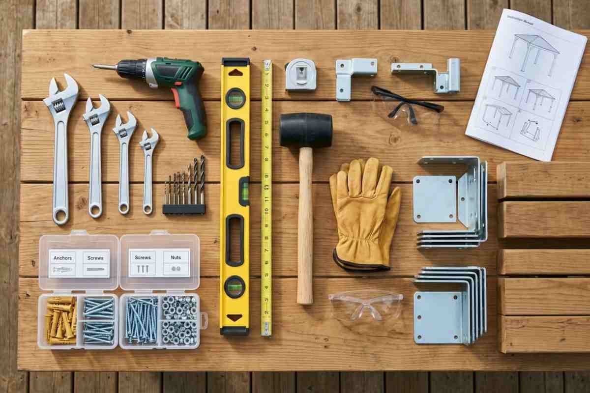 Aranjament organizat de unelte precum mașină de găurit, chei, nivelă, ciocan de cauciuc și materiale de montaj precum șuruburi și vincluri.