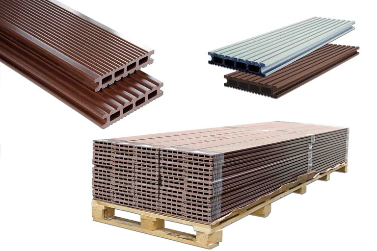 Plăci de terasă din WPC pe un palet și două plăci individuale din WPC