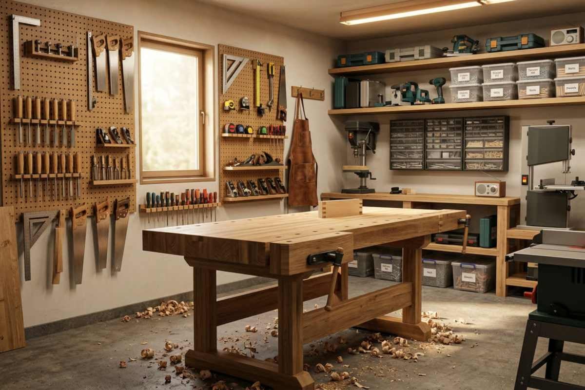 Atelier bine organizat cu banc de lucru din lemn masiv, panouri perforate pentru scule cu ferăstraie și dălți și rafturi de depozitare.