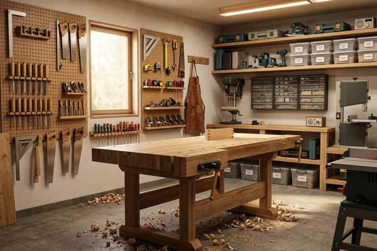 Atelier bine organizat cu banc de lucru din lemn masiv, panouri perforate pentru scule cu ferăstraie și dălți și rafturi de depozitare.